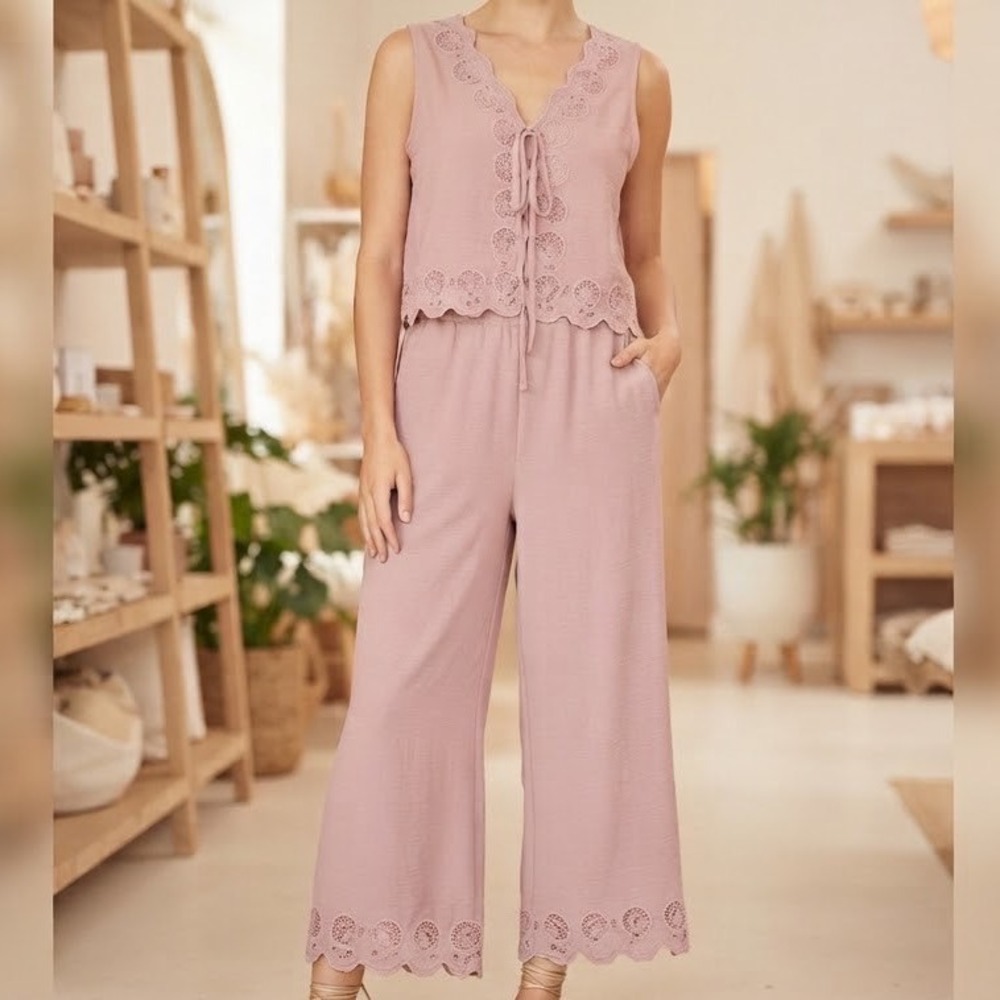 NWT Adrianna Papell Mauve Pink Eyelet Lace Two Piece Top and Wide Leg Pant Set L
